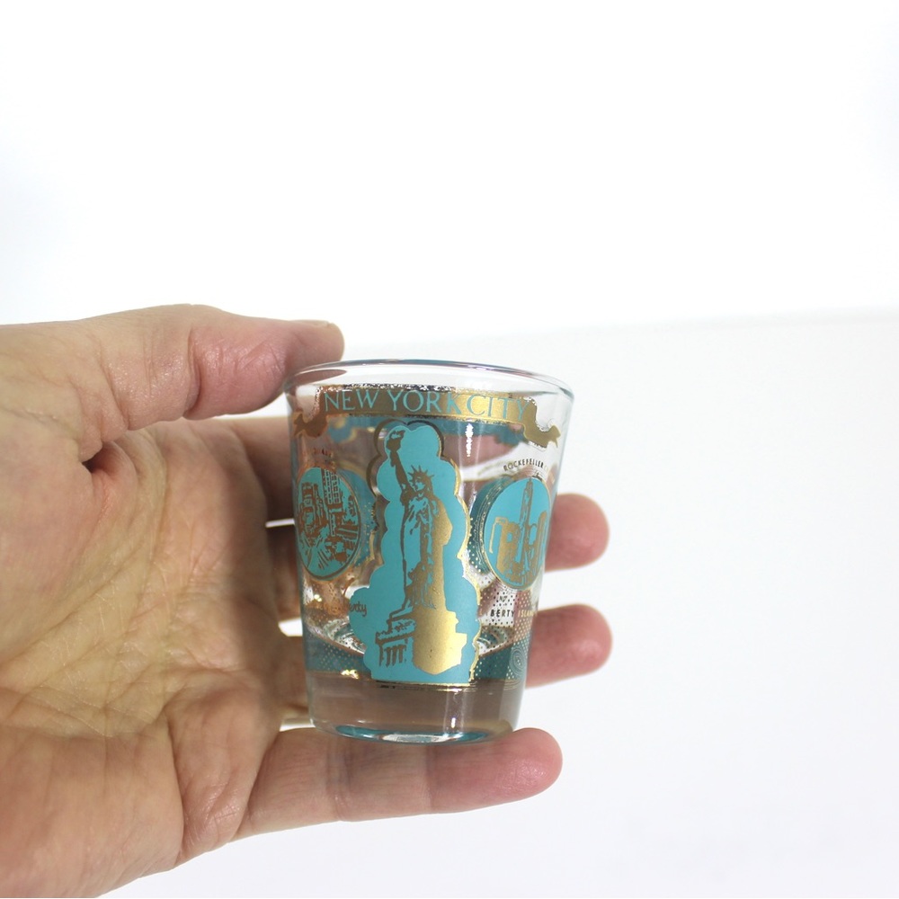 Vintage New York City Shot Glass Gold and Aqua Statue of Liberty Souvenir